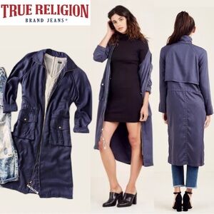 NEW True Religion Navy Duster Silky Long Jacket Trench Coat Overcoat Streetwear